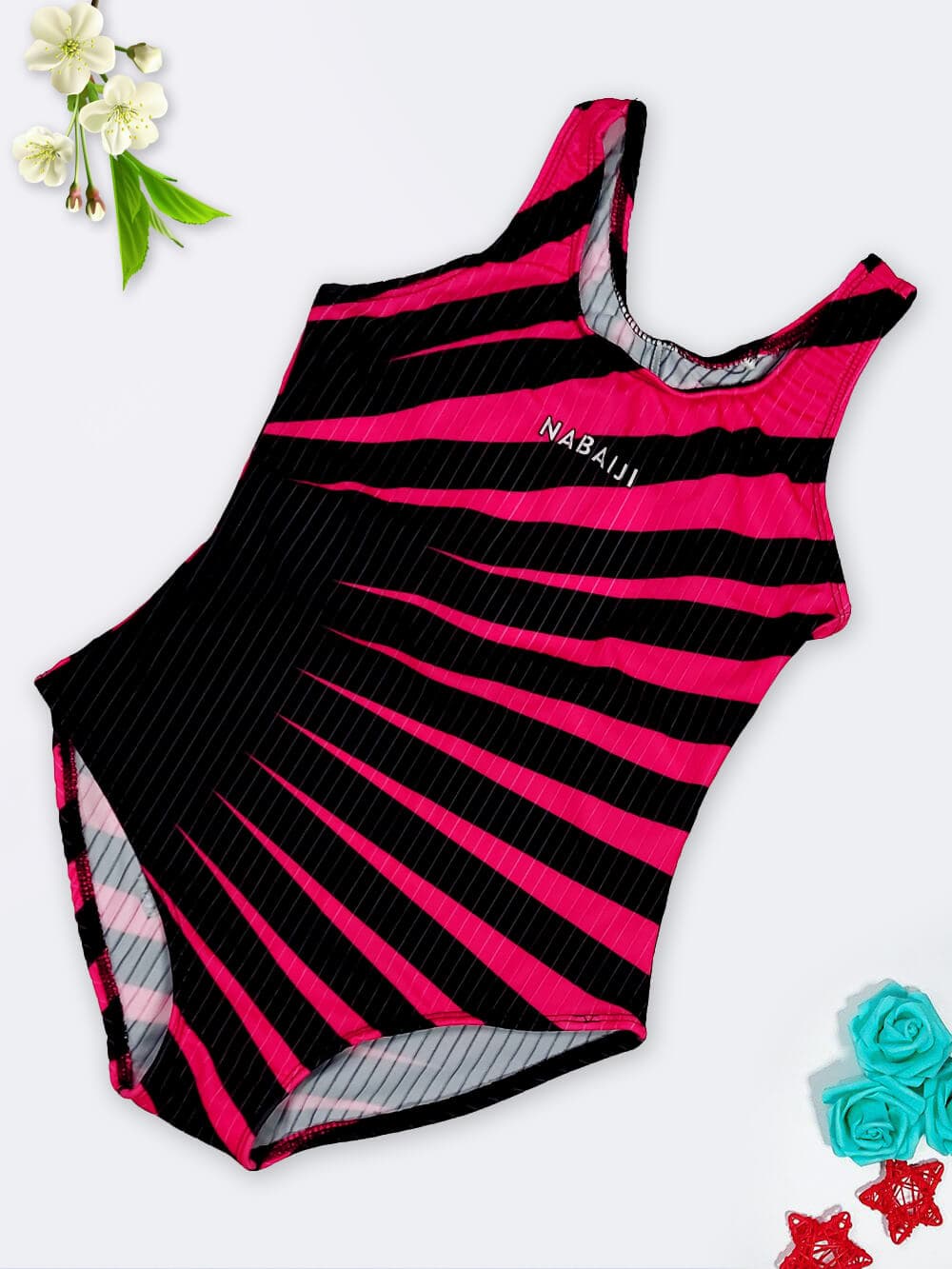 مایو دخترانه نوجوان شیک اسلیپ مشکی با خطوط سرخابی نابایجی ( Nabaiji )