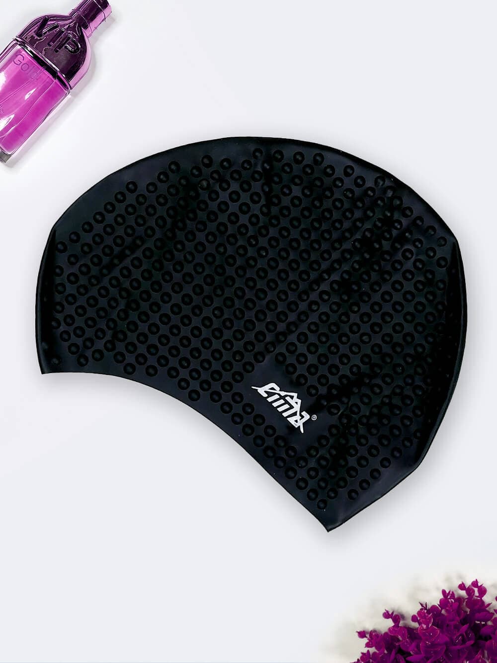 کلاه شنا مشکی رنگ مناسب برای موهای بلند سیلیکونی زنانه و مردانه مارک Cima طرح توپی