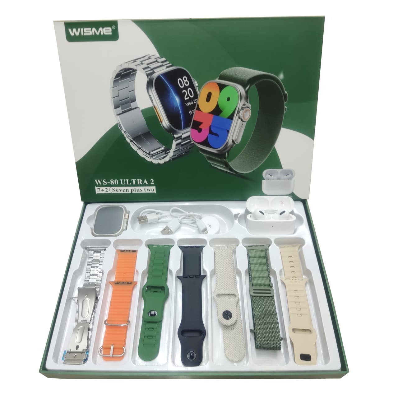 پک ساعت هوشمند ویسمی wisme همراه با ایرپاد پرو مدل WS-80 ULTRA2 با 7 بند متنوع
