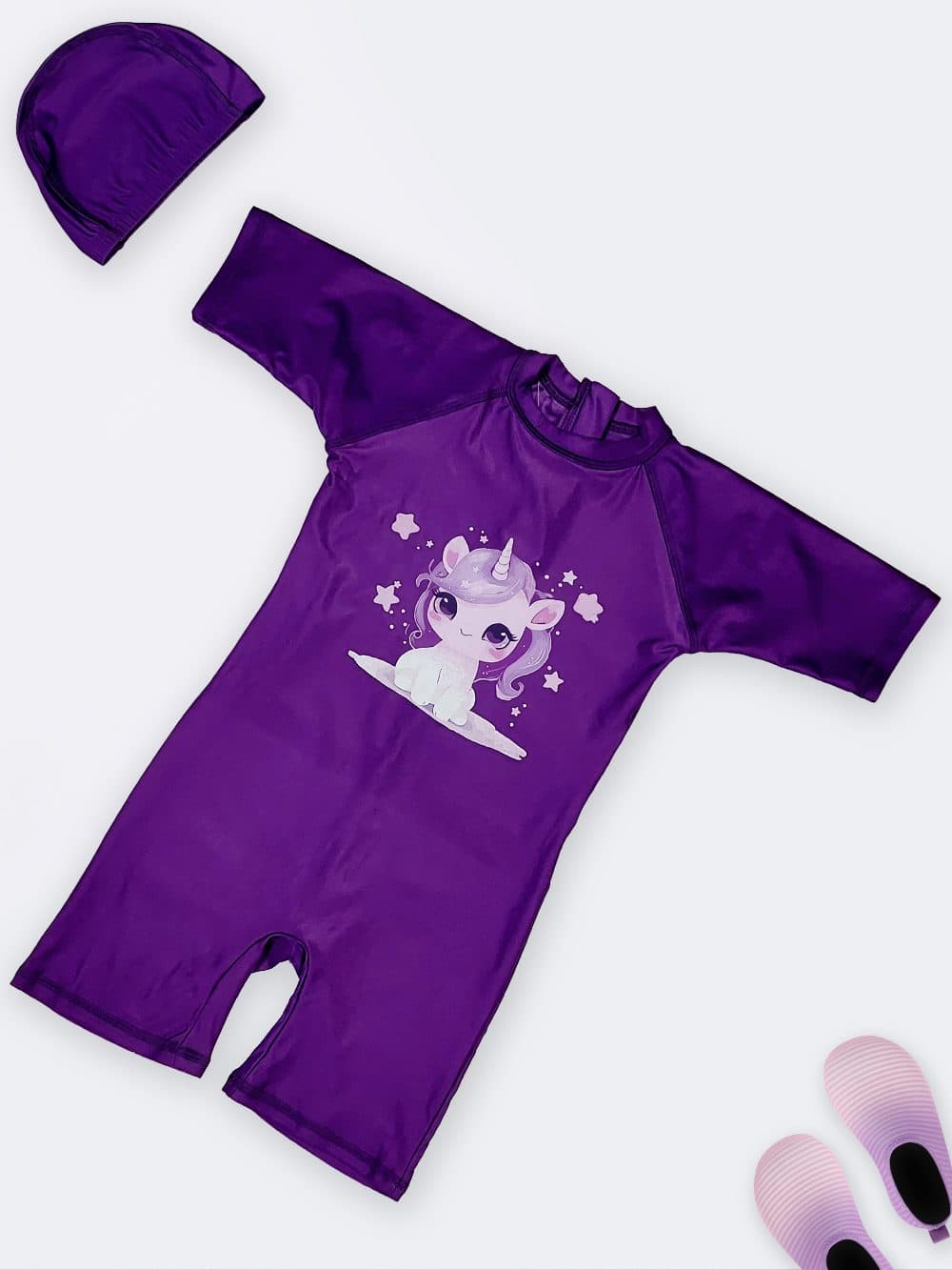 مایو بچگانه و نوجوان دخترانه نیمه اسلامی پادار و آستین دار پوشیده طرح اسب تک شاخ