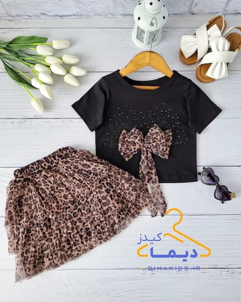 ست کراپ و دامن مشکی طرح پلنگی