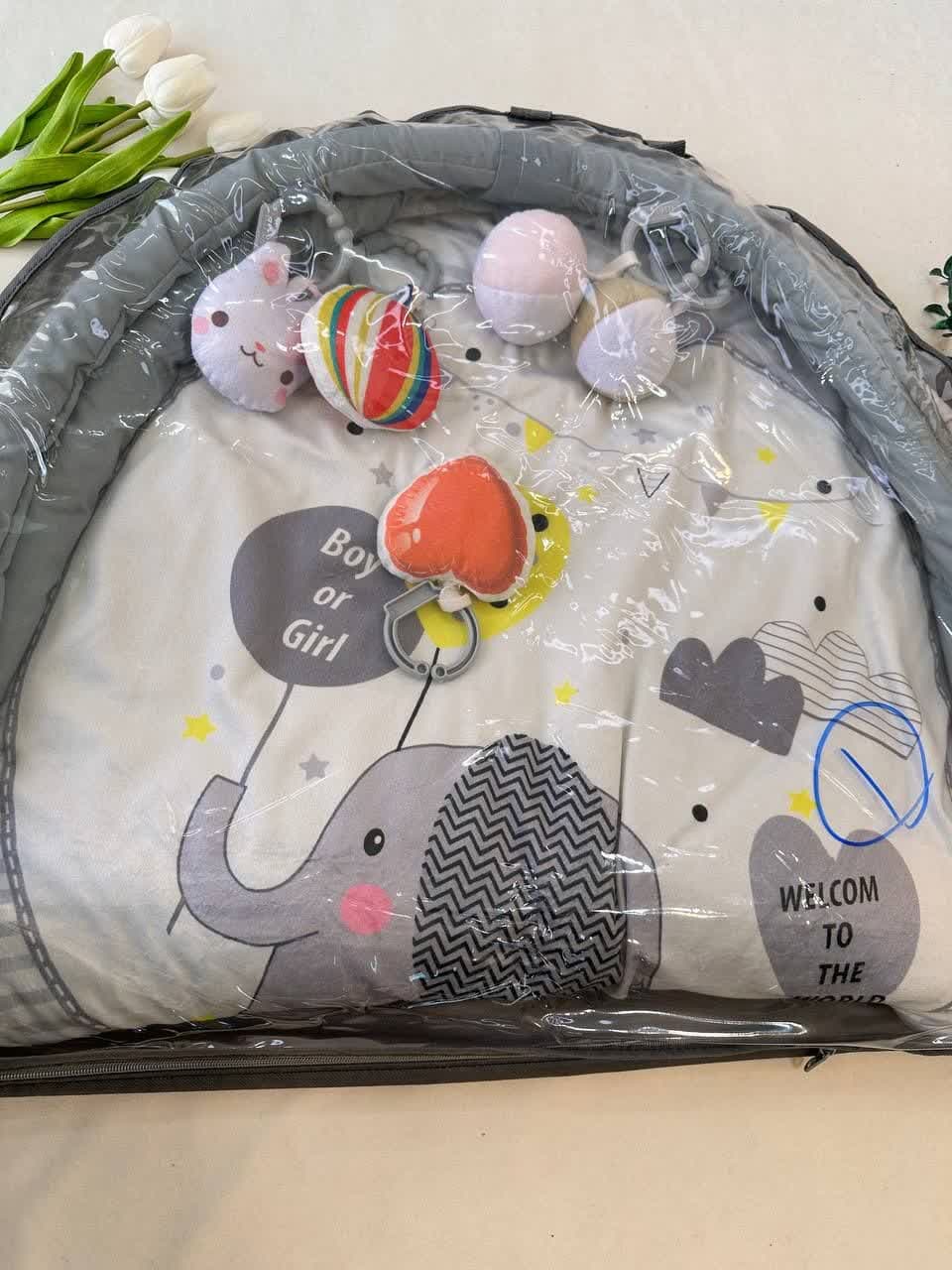 تشک بازی مخمل دایره طرح فیل فانتزی طوسی نوزادی و کودک کد 91001