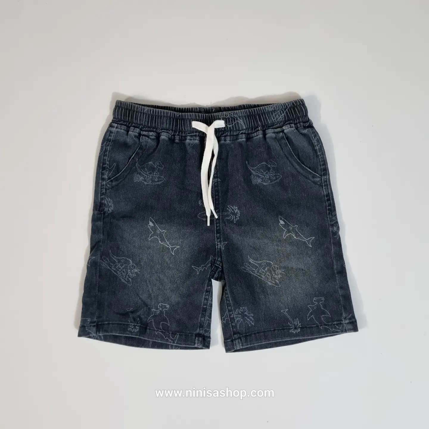 شلوارک جین کاغذی پسرانه زغالی طرح کوسه و دایناسور برند وارداتی eureka