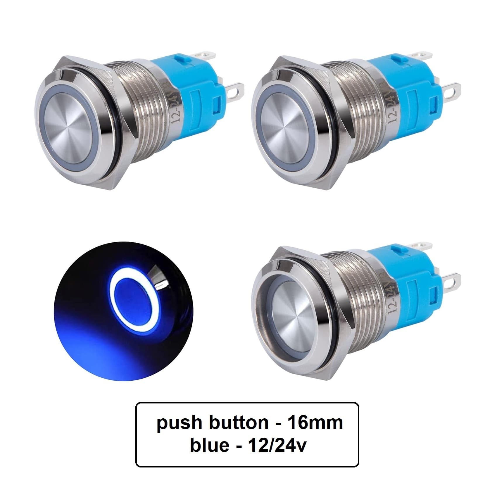 کلید شستی استیل آبی LED دار قطر 12V/24V – 16mm