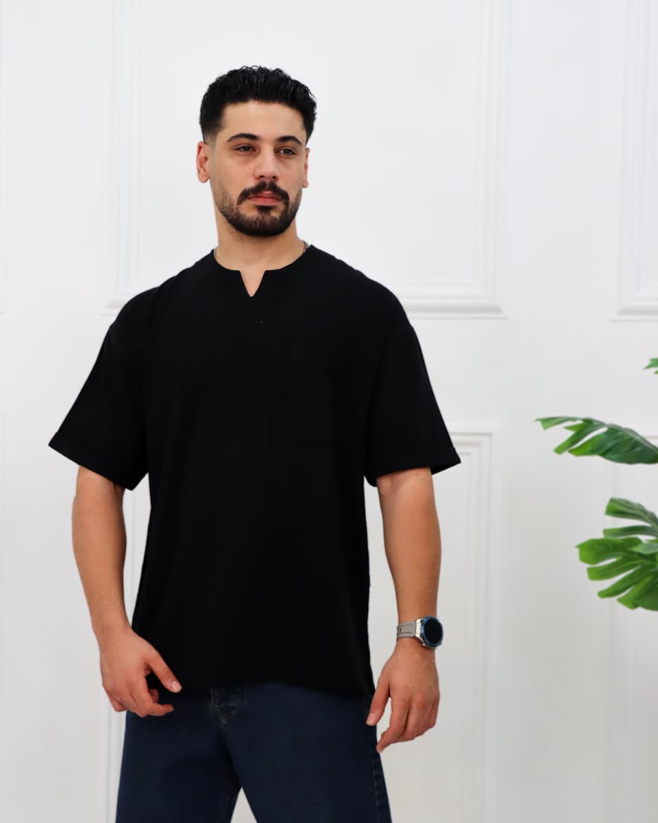 تیشرت یقه کوبایی نخی تک جیب مردانه 0919