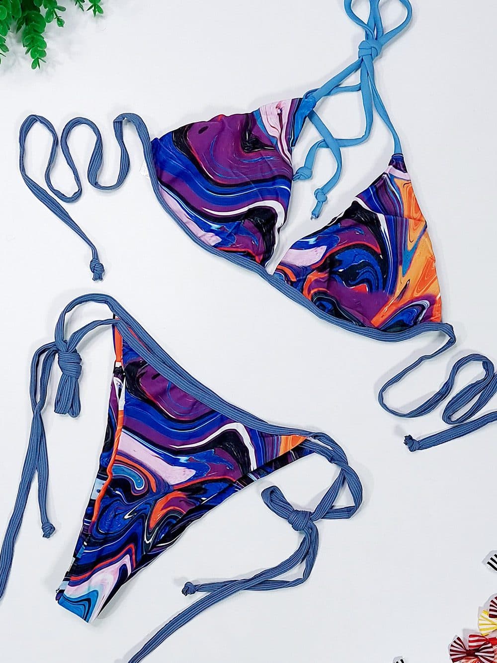 مایو زنانه دو تکه طرح آبرنگی چند رنگ ضد کلر برای استخر برند شین ( shein ) کاپدار