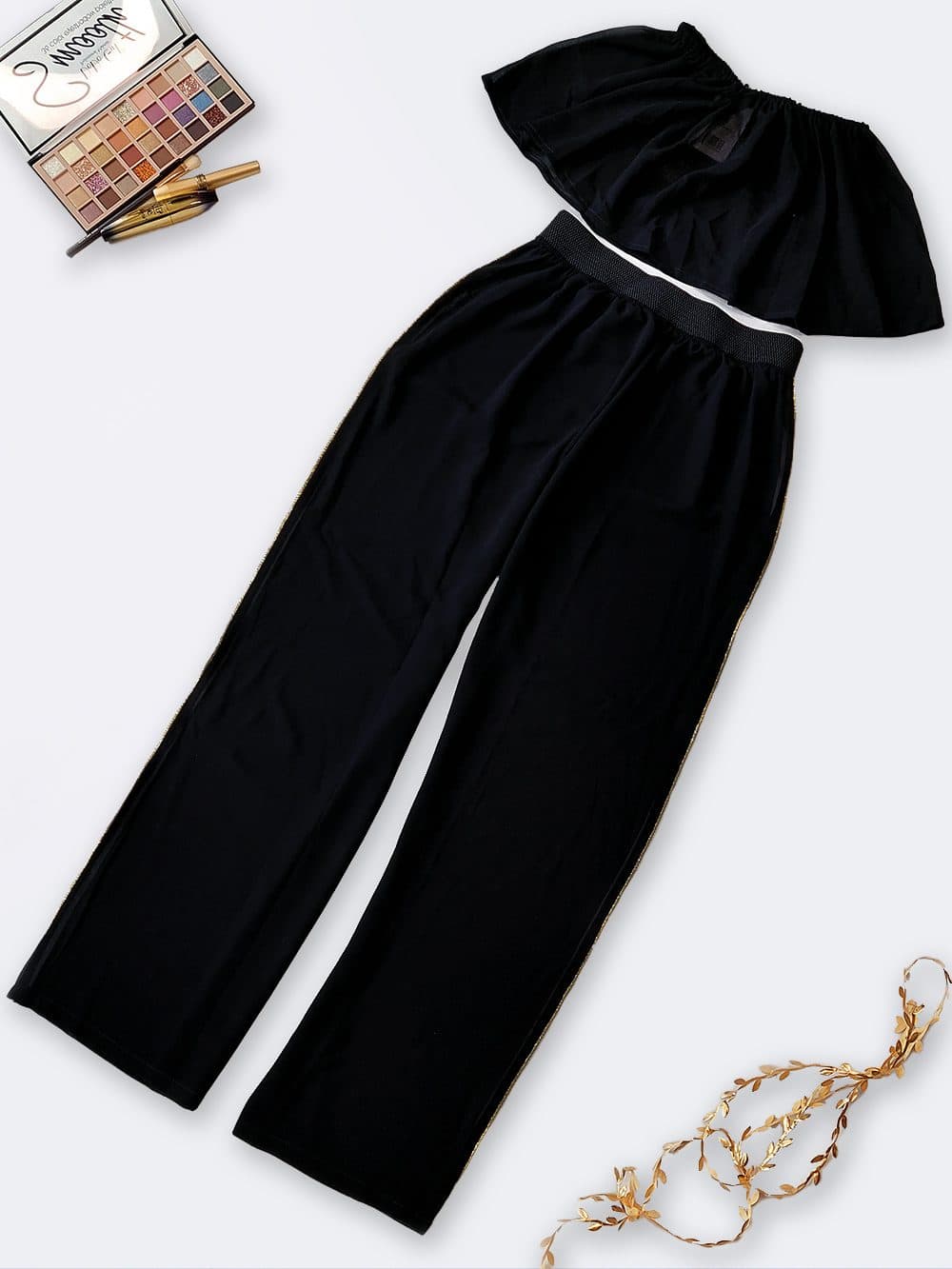 رومایو نیم تنه شلواری دو تیکه زنانه حریر مشکی رنگ شیک برند H & M با نوار طلایی شیک