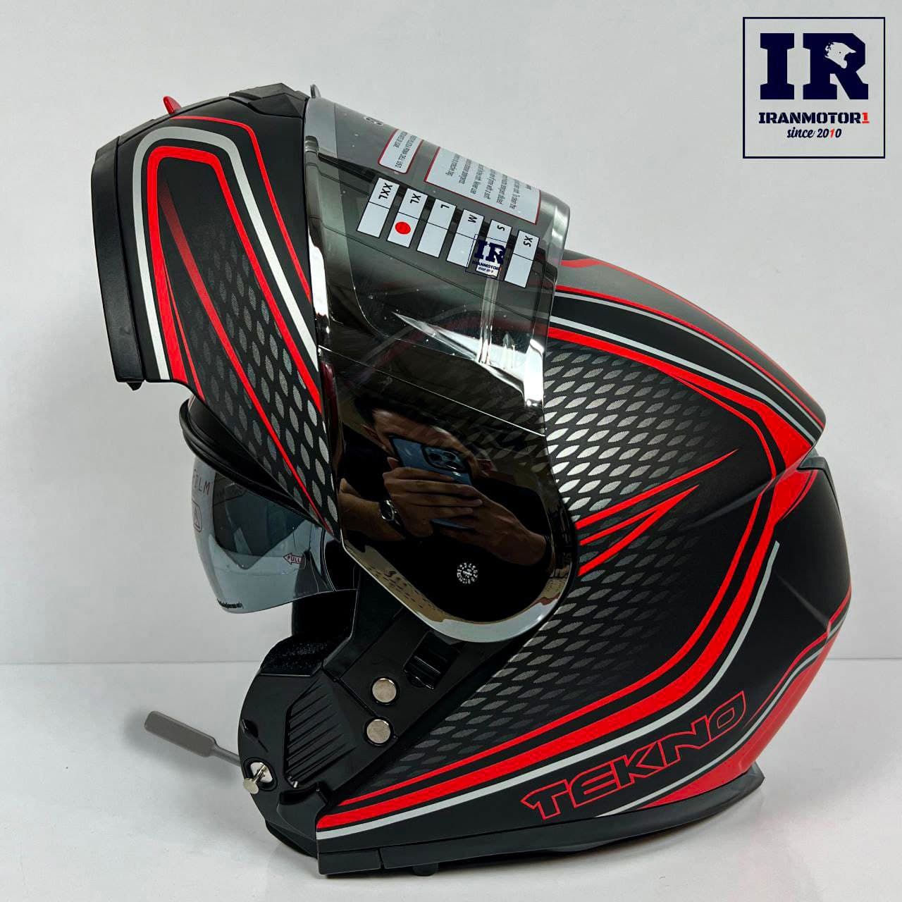 کلاه کاسکت بلوتوث دار فک متحرک تکنو Tekno – مشکی طوسی قرمز + BT11