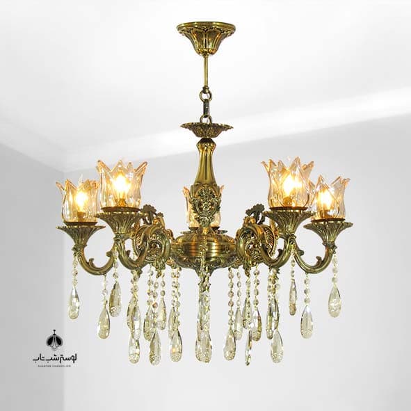 لوستر آویز لیانا شب تاب 5 شعله آنتیک با لاله و کریستال