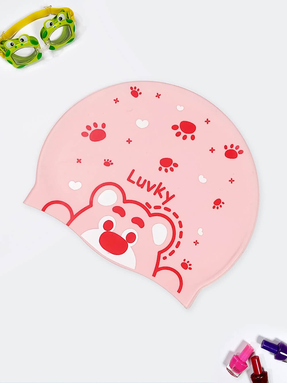 کلاه استخر بچگانه سیلیکونی صورتی رنگ زیبا و ناز کیوت طرح عروسکی