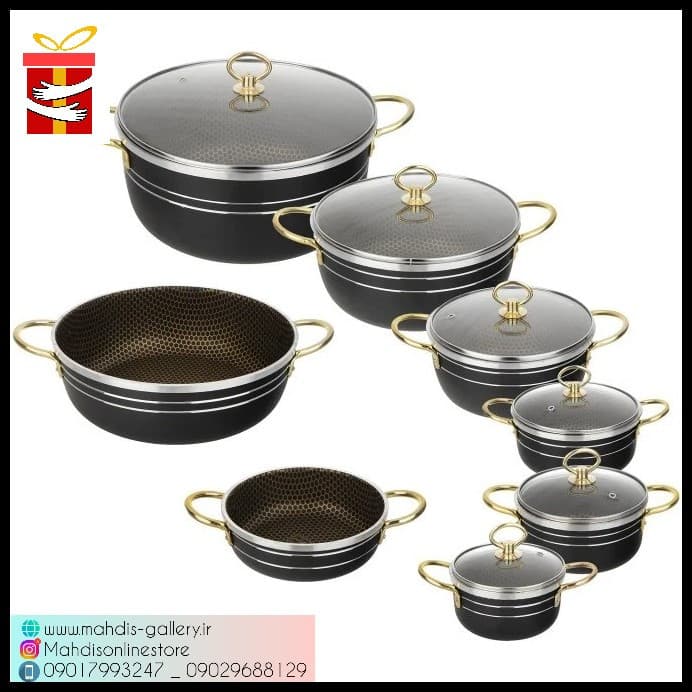 سرویس قابلمه تفلون 14 پارچه لانه زنبوری دسته طلایی