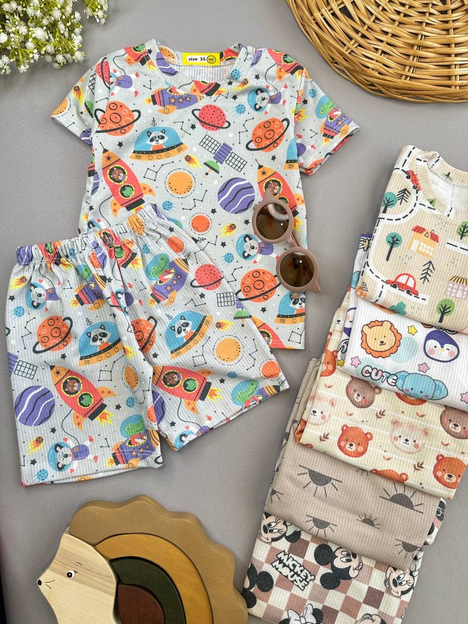 تیشرت شلوارک کبریتی طرح حیوانات فضانورد نوزادی و کودک کد 11128