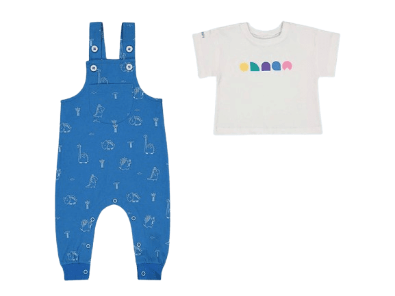 بلوز آستین کوتاه و شلوار پیشبندی نوزادی آبی رنگ طرح دایناسور شابن shabenbaby