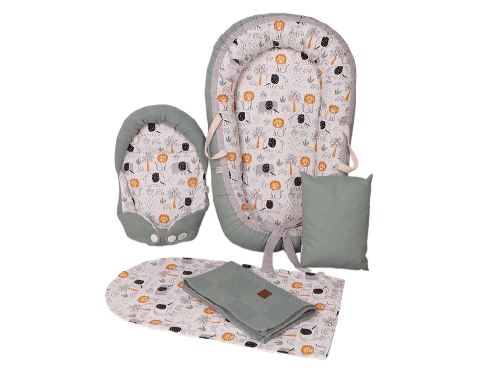 ست تشک لبه دار و آغوشگیر (قنداق سوئیسی) با بالشت و روانداز و زیرانداز تعویض طرح شیر و فیل طوسی و سبز الا ELA