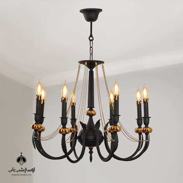 لوستر آویز 8 شعله نورسازان 839/8 مشکی با گوی طلایی