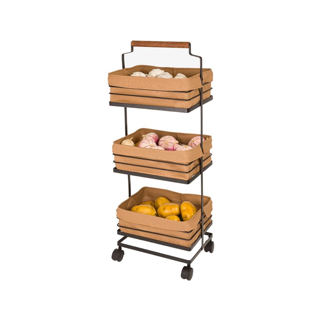 جا سیب زمینی و پیاز فلزی 3 طبقه دسته چوبی لیمون