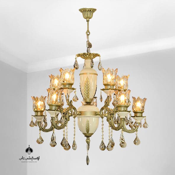 لوستر آویز 5 شاخه 10 شعله نورسازان 716/5 کرم آنتیک آب گلدن با کریستال و لاله