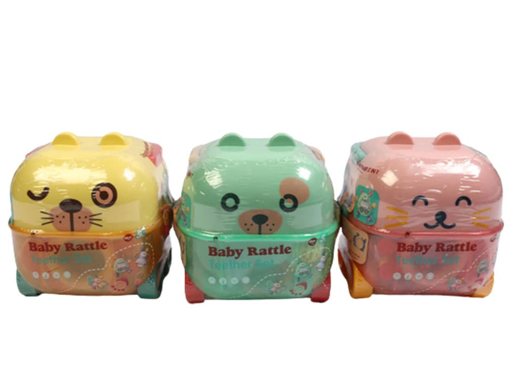 ست جغجغه و دندانگیر نوزادی صندوقی 5 عددی مدل ماشینی طرح حیوانات