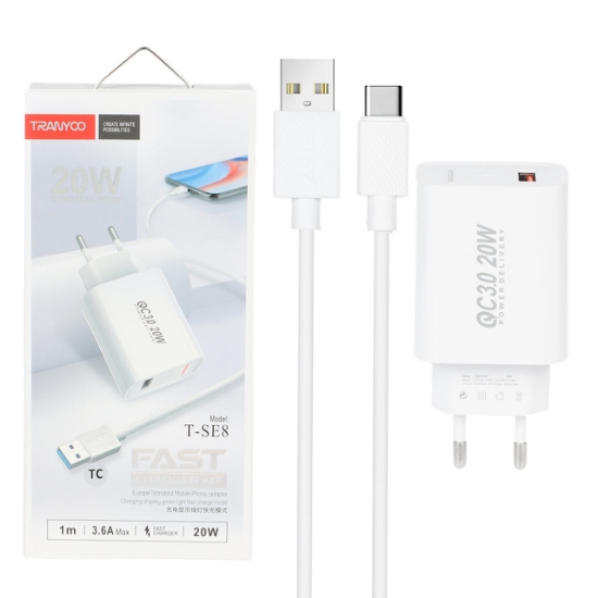 شارژر دیواری 20W فست تک پورت ترانیو مدل T-SE8 به همراه کابل شارژ