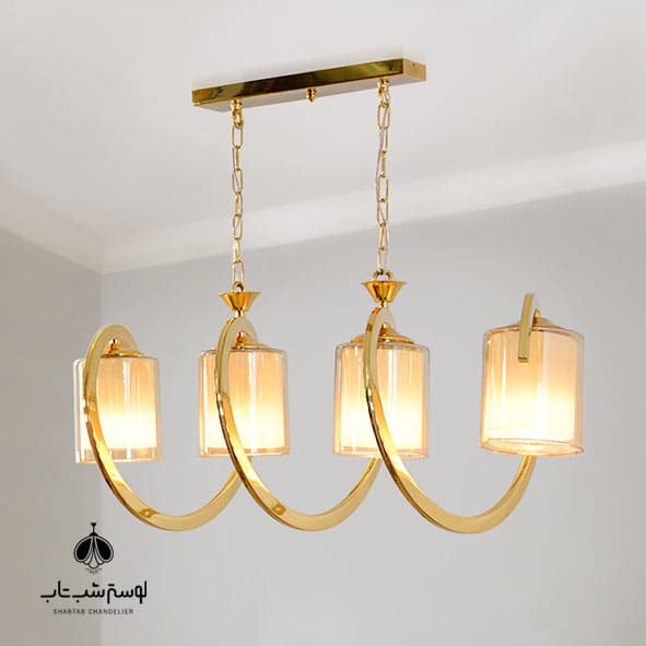 لوستر آویز 4 شعله فنری طلایی شب تاب با حباب