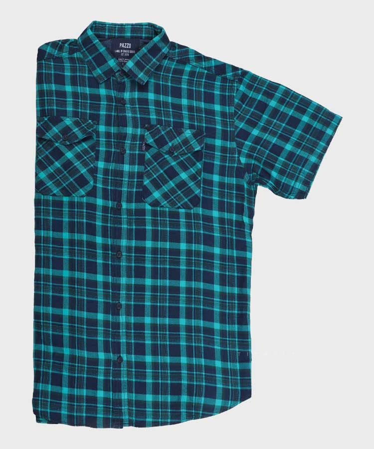 پیراهن مردانه سایز بزرگ آبی آستین کوتاه و چهارخانه 8577