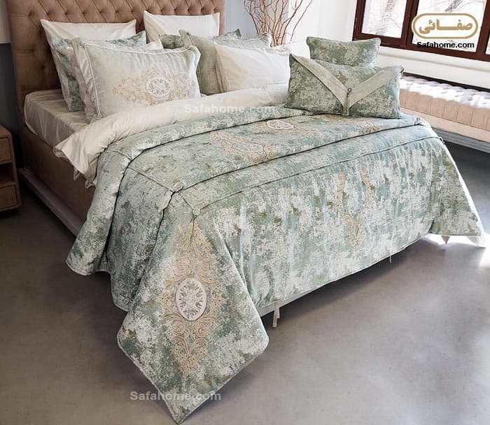 روتختی دونفره عروس طرح مخمل پتینه گلاریس سبز