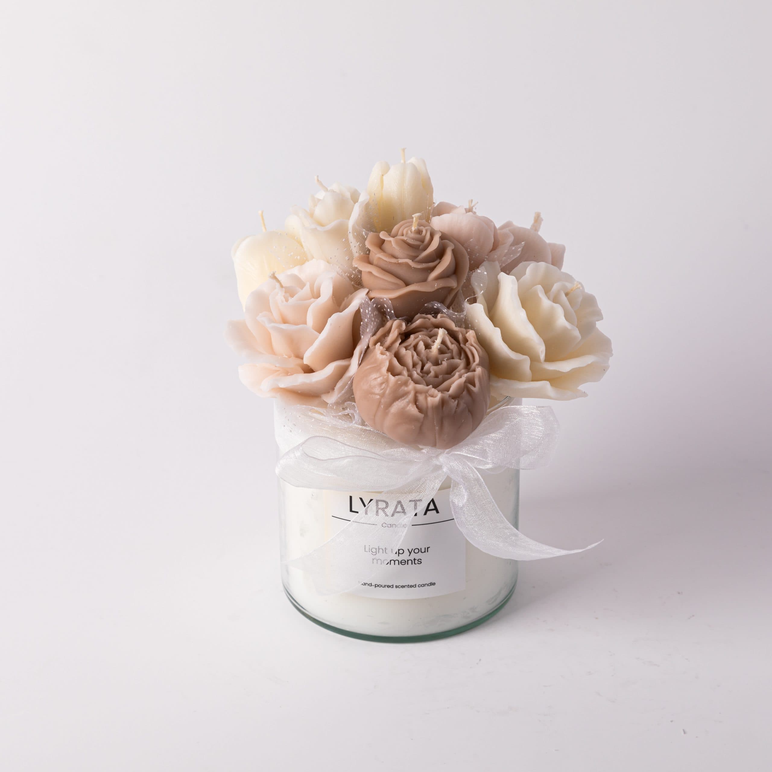 شمع دست ساز باکس گل شیشه ای استوانه مدل پیونی