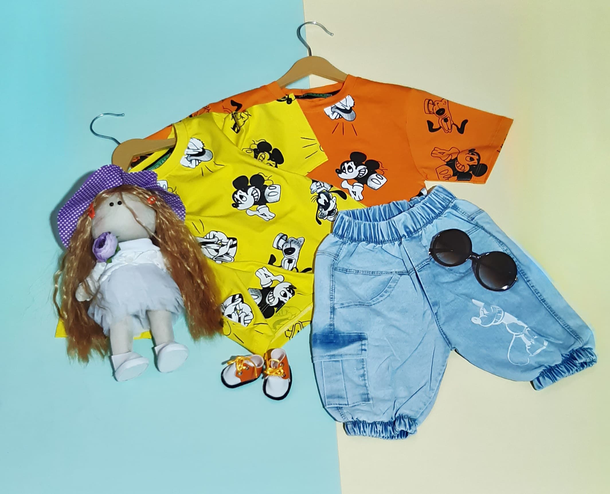 ست تیشرت شلوارک لی بیرونی طرح میکی موس مناسب 2 تا 12 سال شنا سه :609