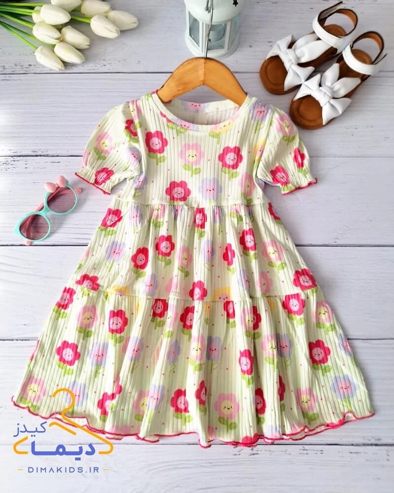 پیراهن کبریتی سبز پاستیلی طرح گل لبخند