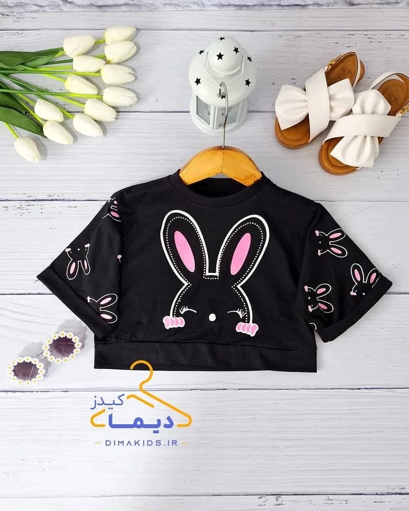 کراپ تک دخترانه مشکی طرح خرگوش نگین دار
