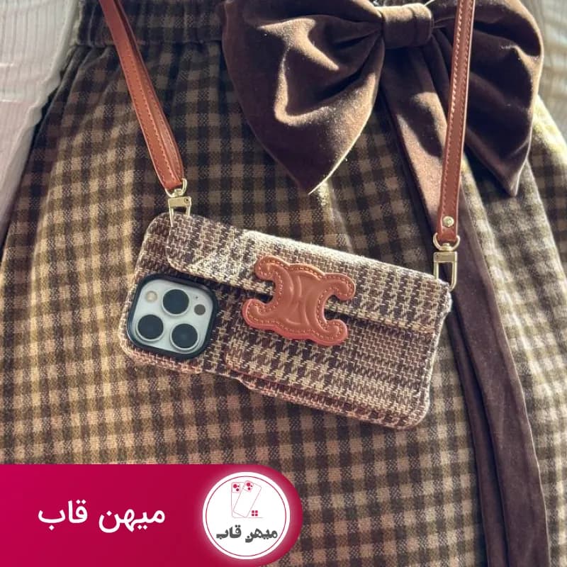 قاب موبایل آیفون سلین استریپ پارچه ای قهوه ای جاکارتی + بند بلند - کد (۶۳۰۰۹)