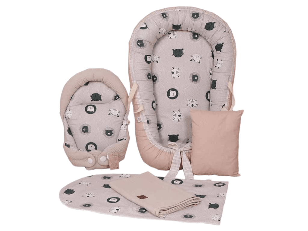 ست تشک لبه دار و آغوشگیر (قنداق سوئیسی) با بالشت و روانداز و زیرانداز تعویض طرح گربه یشمی و نسکافه ای الا ELA