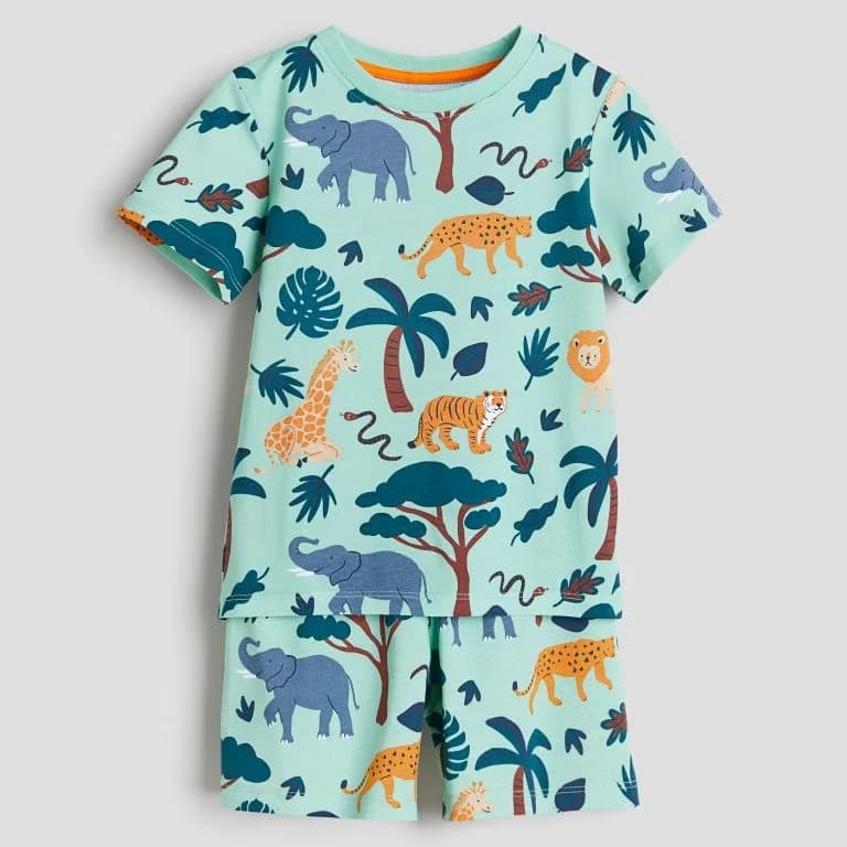 ست تیشرت شلوارک نخی پسرانه برند اچ اند ام طرح حیوانات