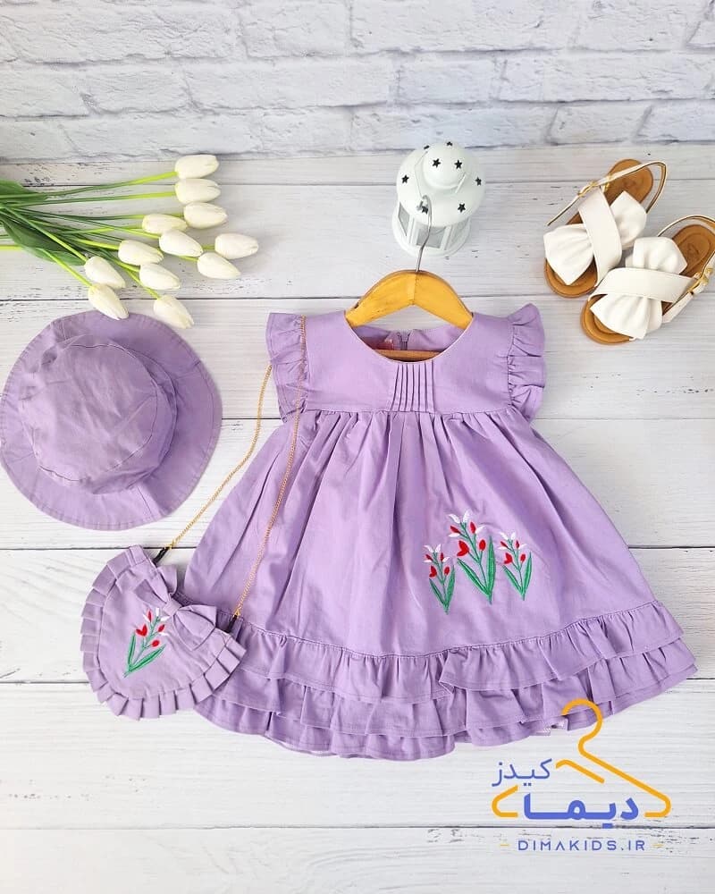 پیراهن سه تکه پایین چین سوسنی طرح گلدوزی