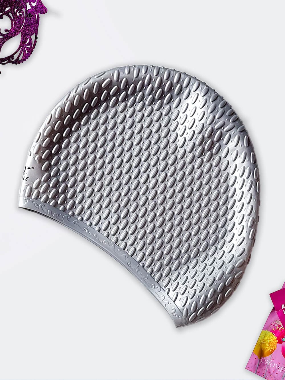 کلاه شنا درجه یک وال ( whale ) مناسب برای موهای بلند و سیلیکونی طرح پفکی طوسی رنگ