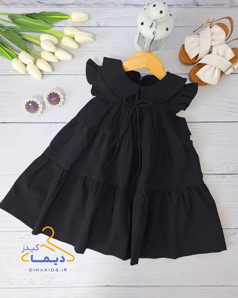پیراهن دخترانه مشکی طرح کلوش چین دار یقه ب ب