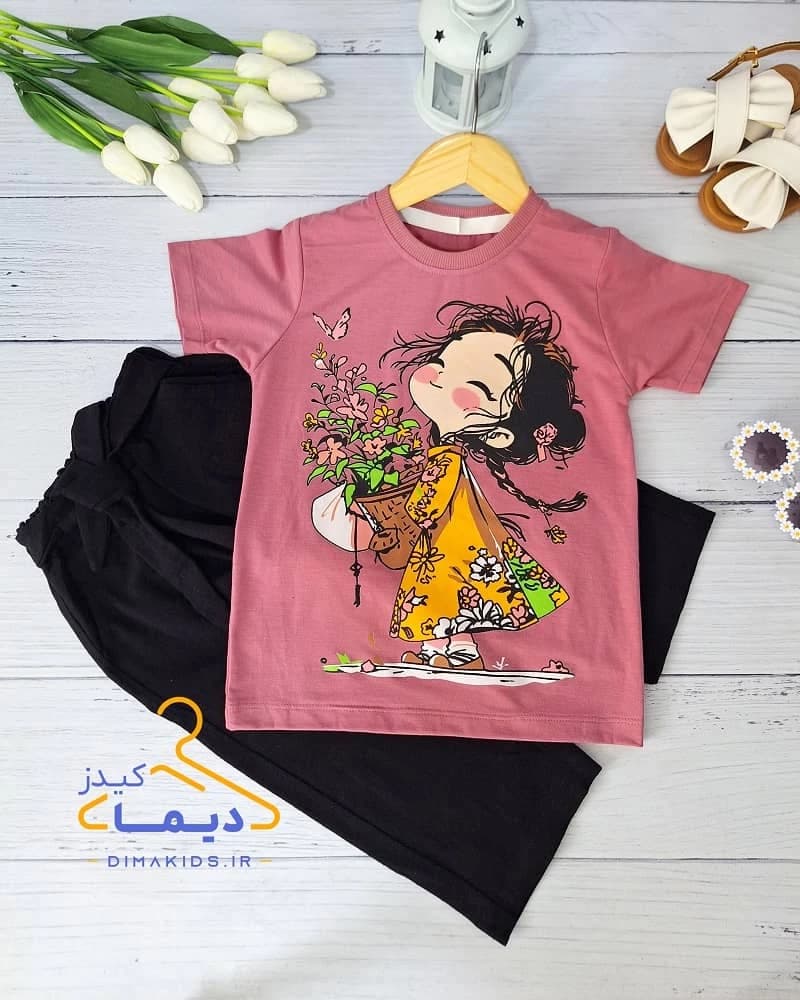 ست تیشرت و شلوارک کالباسی طرح دختر سبد گلدار