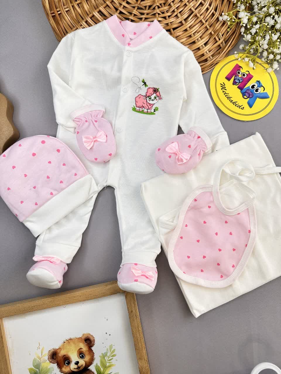 ست هفت تکه بیمارستانی طرح ببعی صورتی نوزادی و کودک کد 117517