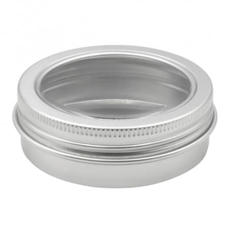 قوطی فلزی نقره ای با درب شیشه ای 60ml سایز 68x25mm