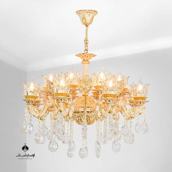 لوستر آویز پانیذ شب تاب 8 شاخه 16 شعله کرم طلایی با لاله و کریستال