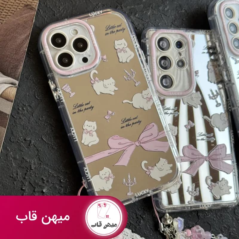 قاب موبایل آیفون گربه پاپیون بزرگ آیینه ای صورتی + بندست - کد (۵۷۰۸۳)