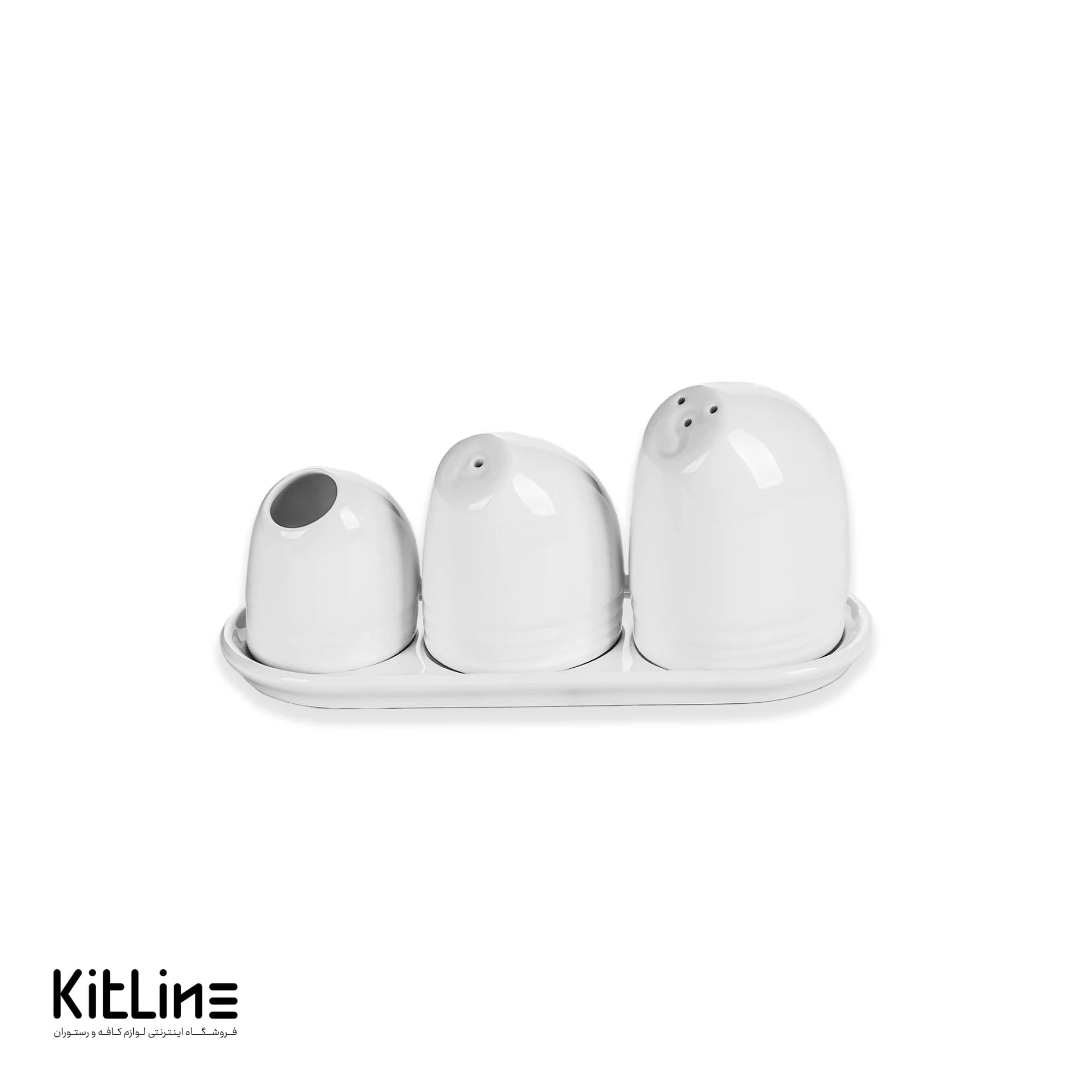 سرویس نمک پاش، فلفل پاش، جا خلالی و سینی چینی هتلی زرین