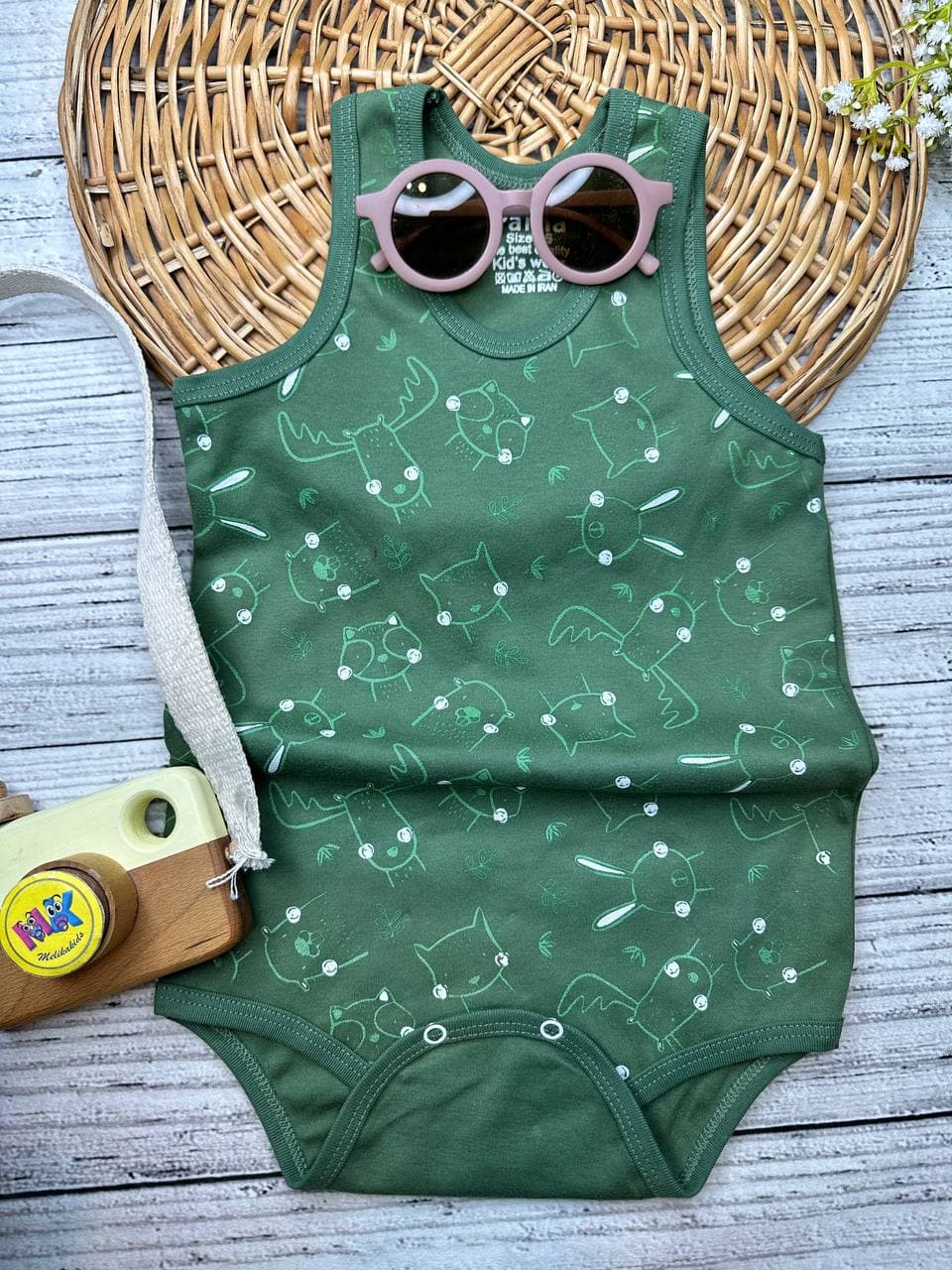 بادی زیردکمه طرح حیوانات سبز سدری نوزادی و کودک کد 118094