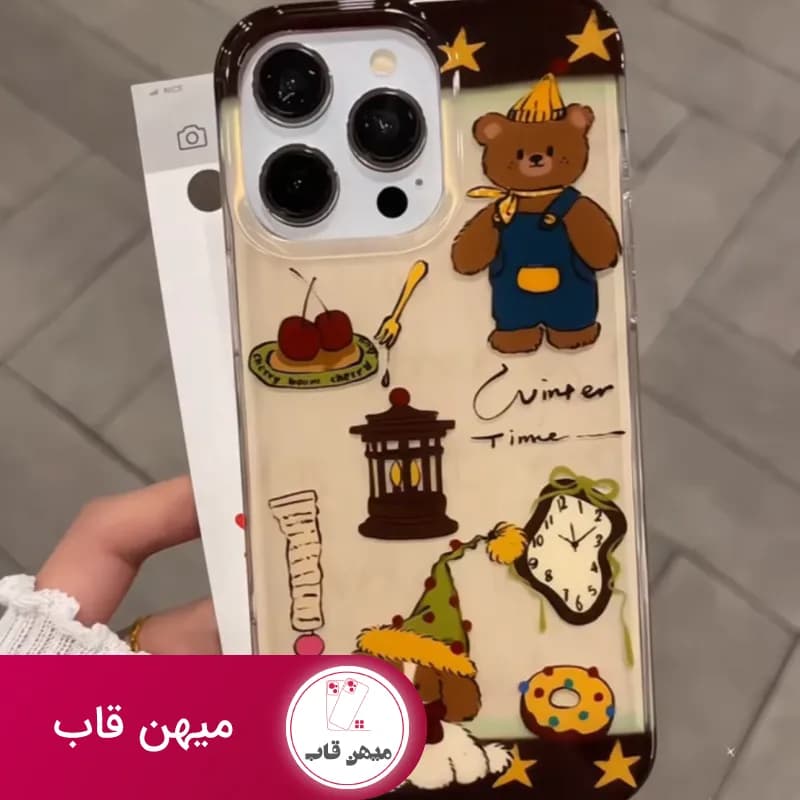 قاب موبایل آیفون خرس وینتر تایم قهوه ای + بندست - کد (۸۳۶۰۵)