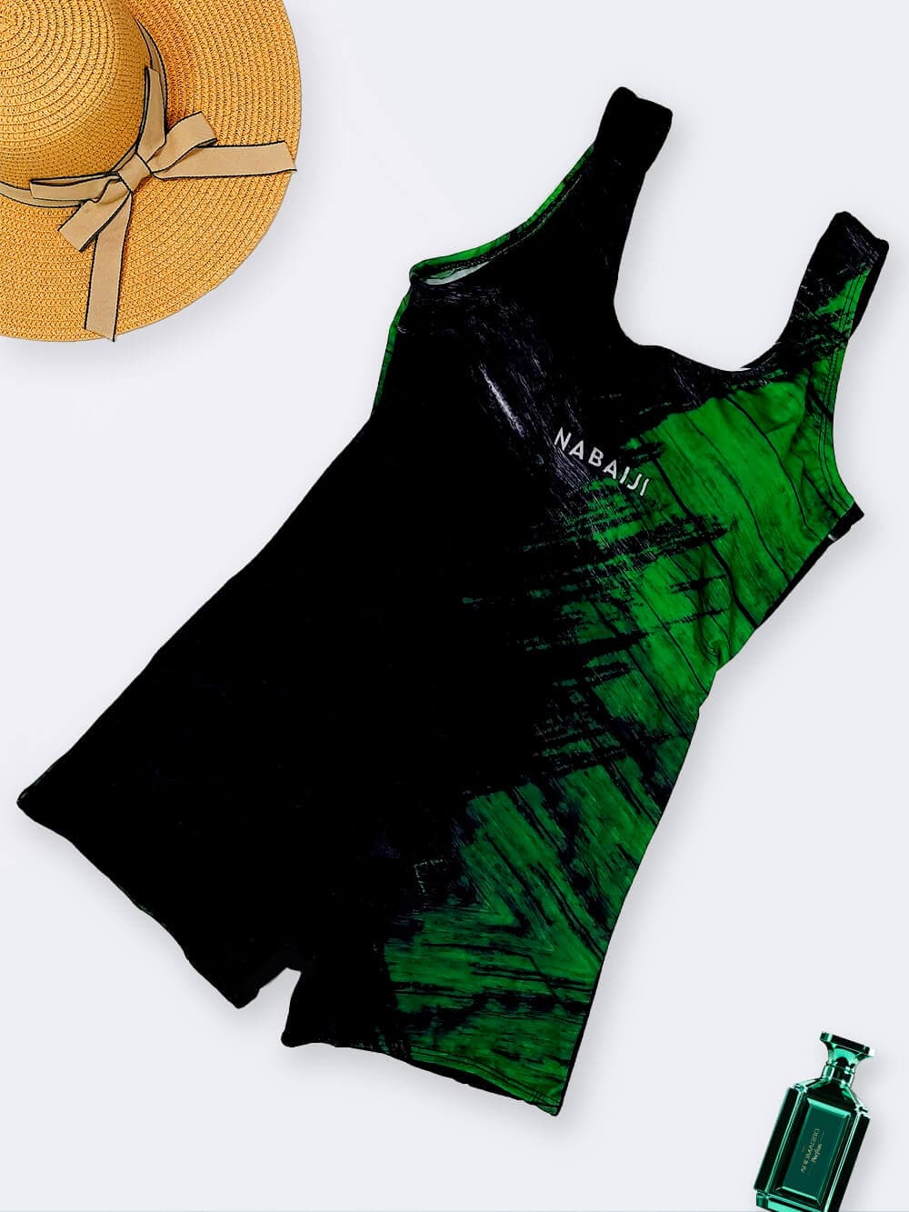 مایو زنانه پادار نیمه پوشیده با جنس پلی آمید و کاپدار مشکی و سبز رنگ نابایجی ( Nabaiji )