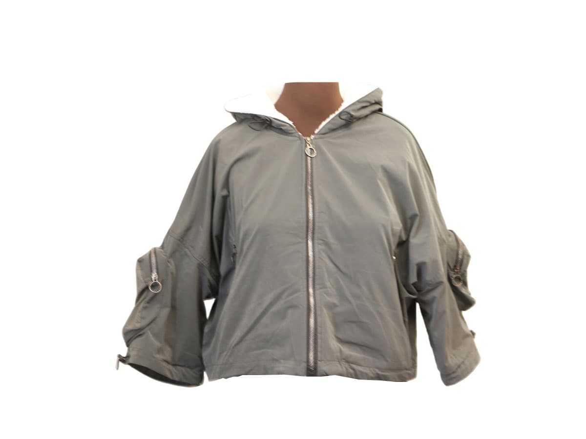 کاپشن زنانه کوتاه کلاهدار زیپدار طوسی