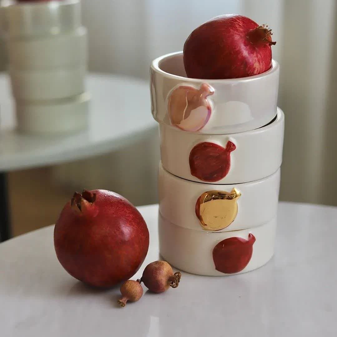 پیاله سرامیک دست ساز طرح انار در 2 مدل ساده و لب طلایی