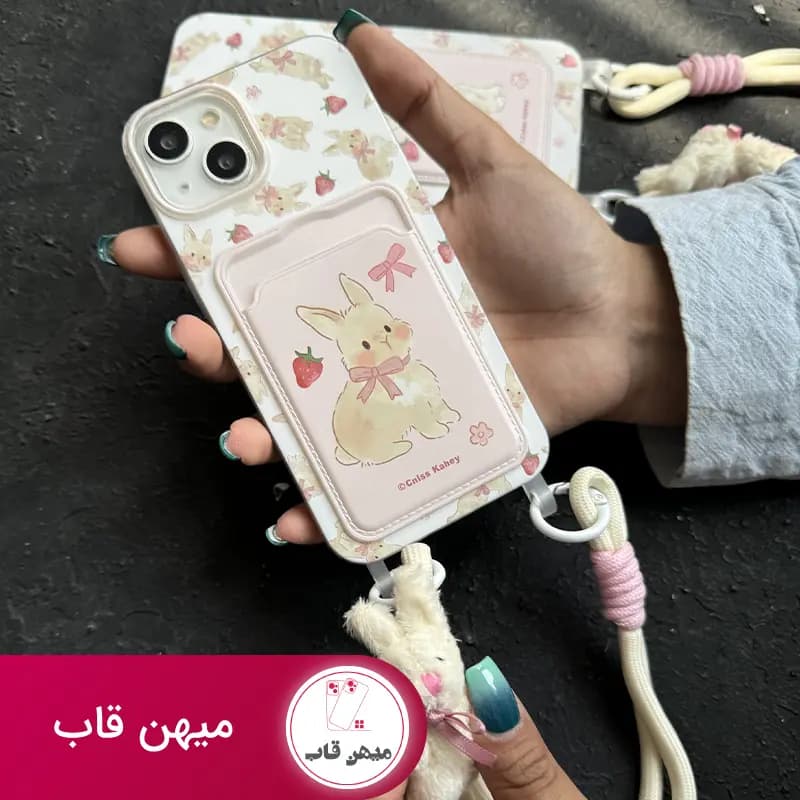 قاب گوشی آیفون خرگوش پاپیون صورتی بند عروسکی جاکارتی - کد (۴۳۰۸۱)
