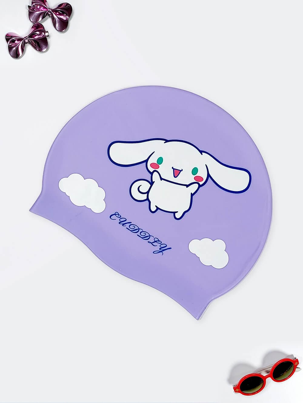 کلاه استخر بچگانه سیلیکونی بنفش رنگ بصورت ضد کلر و ضد طرح خرگوش برای استخر