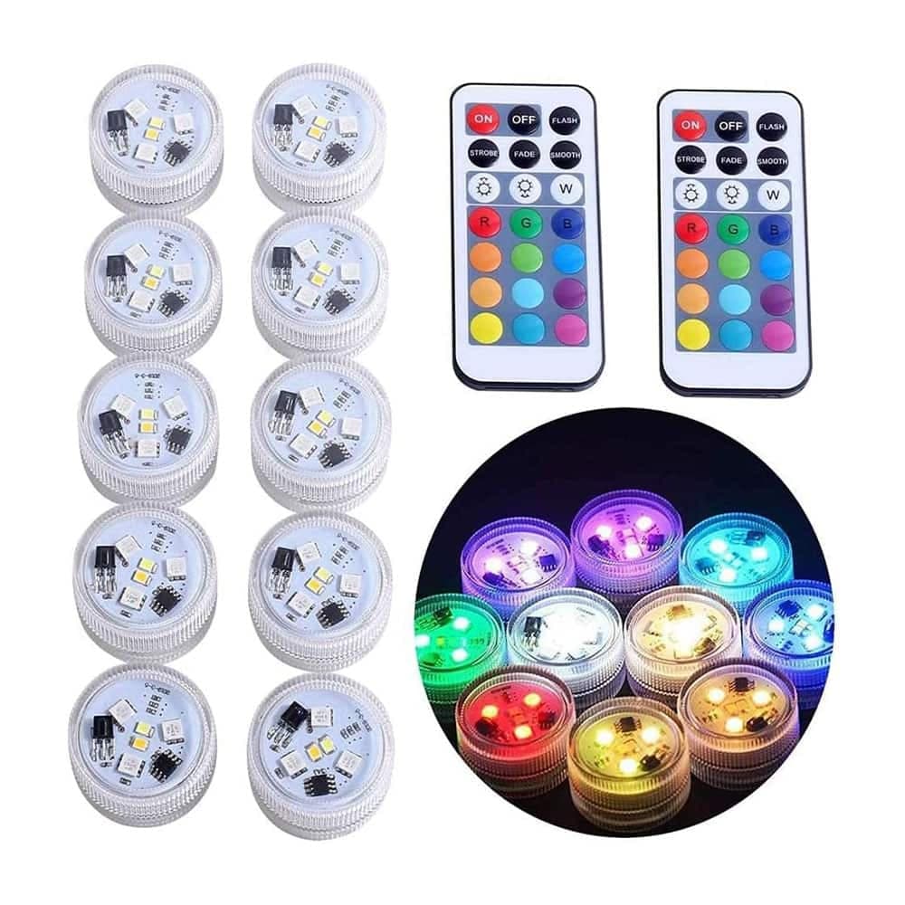 چراغ LED زیرآبی کوچک با ریموت – پک ۱۰ عددی چراغ مینی دایره ای